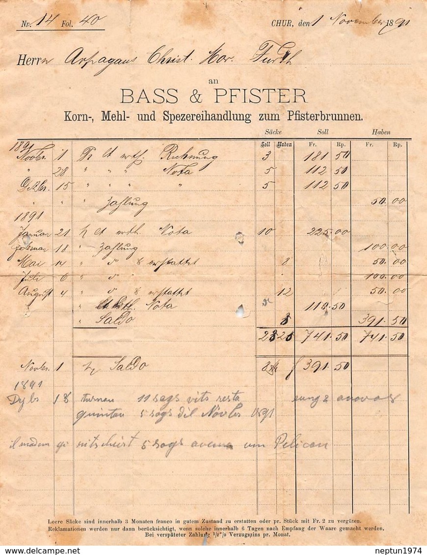 Bass & Pfister, Korn-, Mehl- Und Spezereihandlung, Datiert 1891 - Schweiz