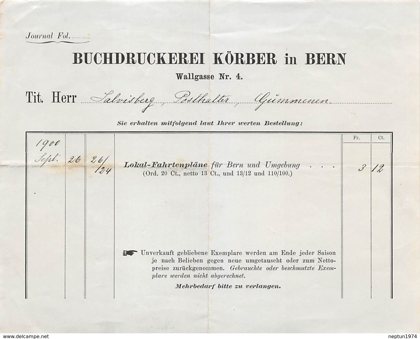 Buchdruckerei Körber, Bern, Datiert 1900 - Suiza