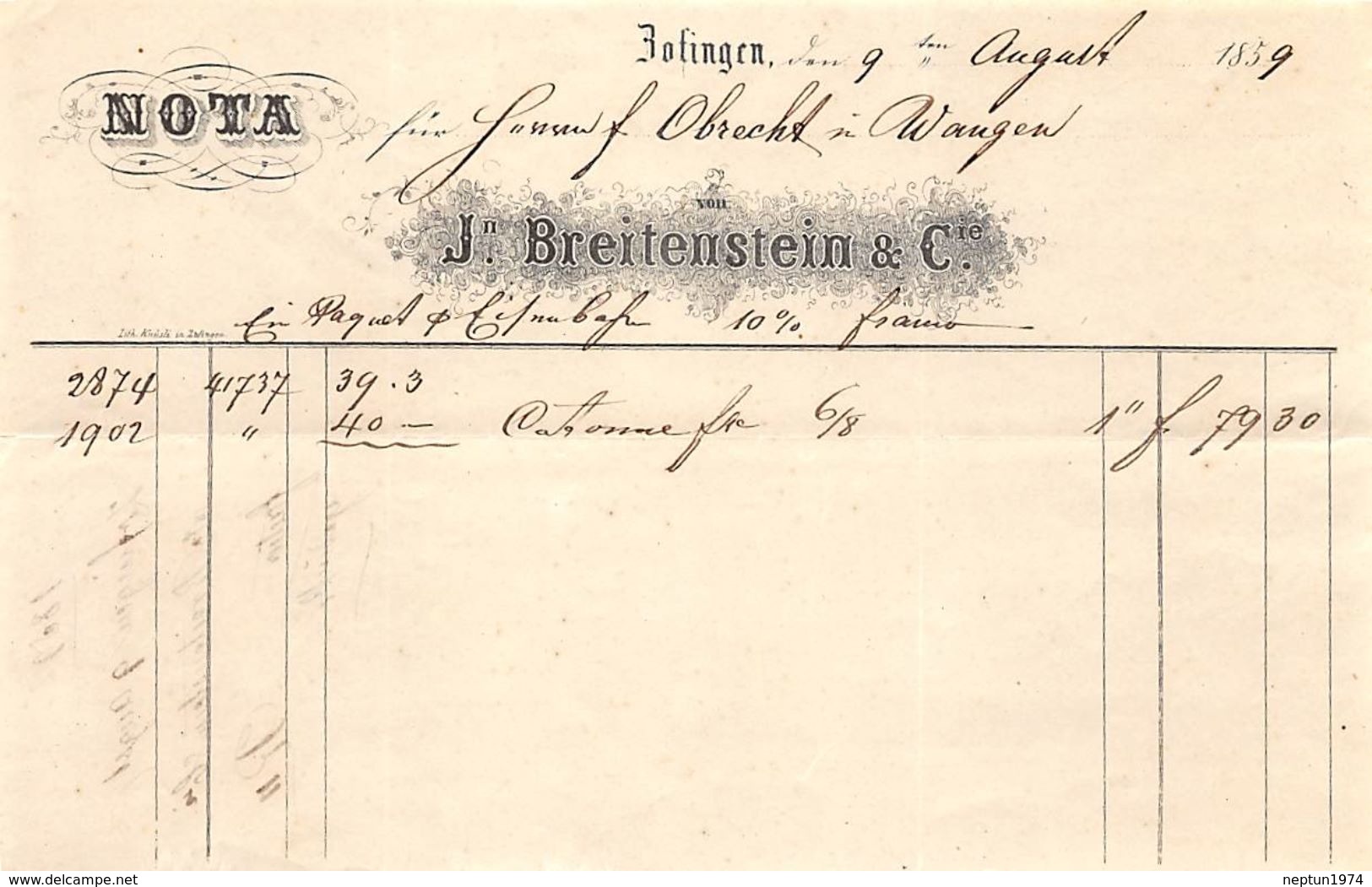 J. Breitenstein & Cie. Zofingen, Datiert 1859 - Suiza