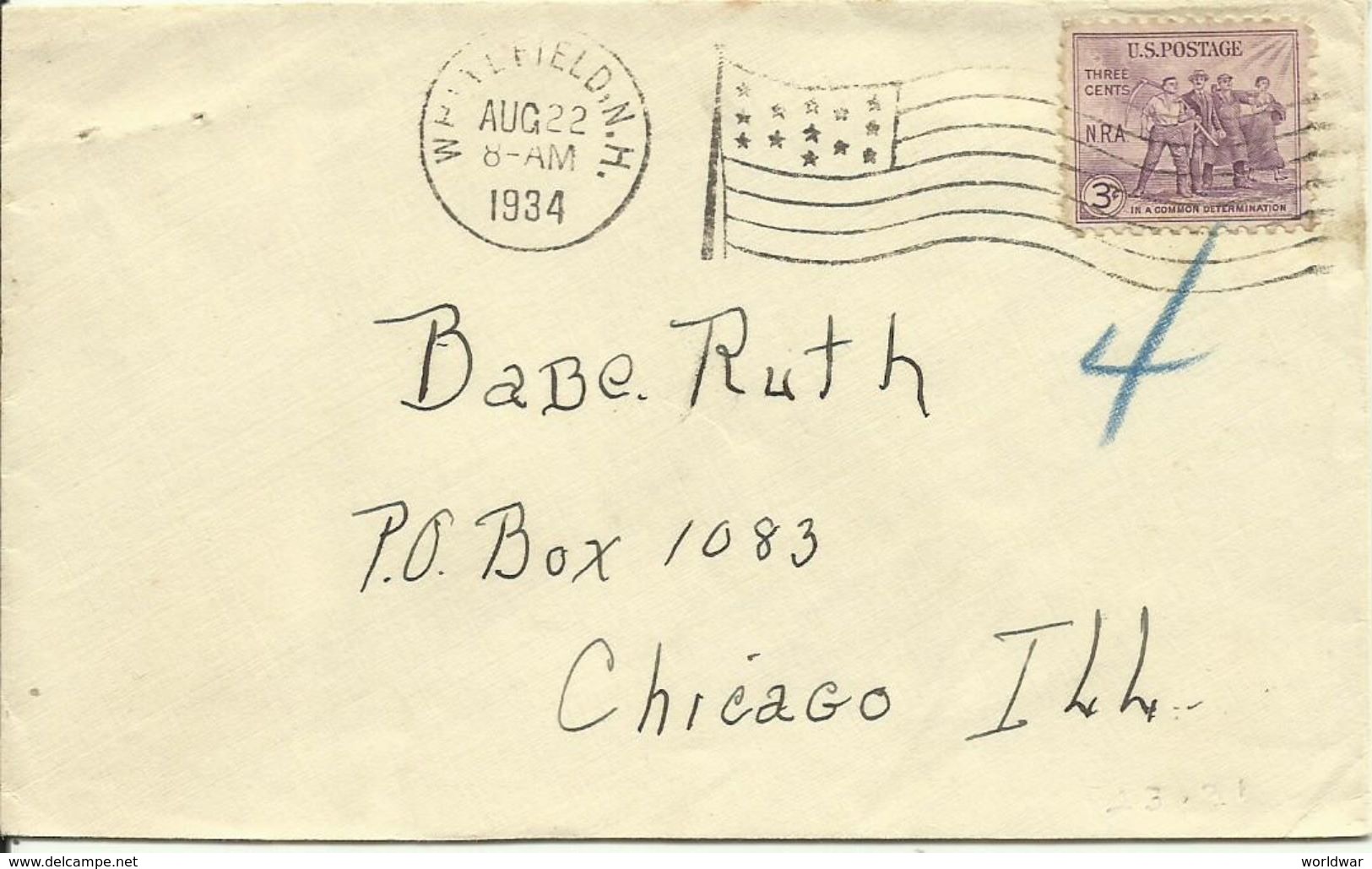 1934  Baseball  Letter Sent From Whitefield, N.H. To Babe Ruth, Chicago, ILL - Béisbol