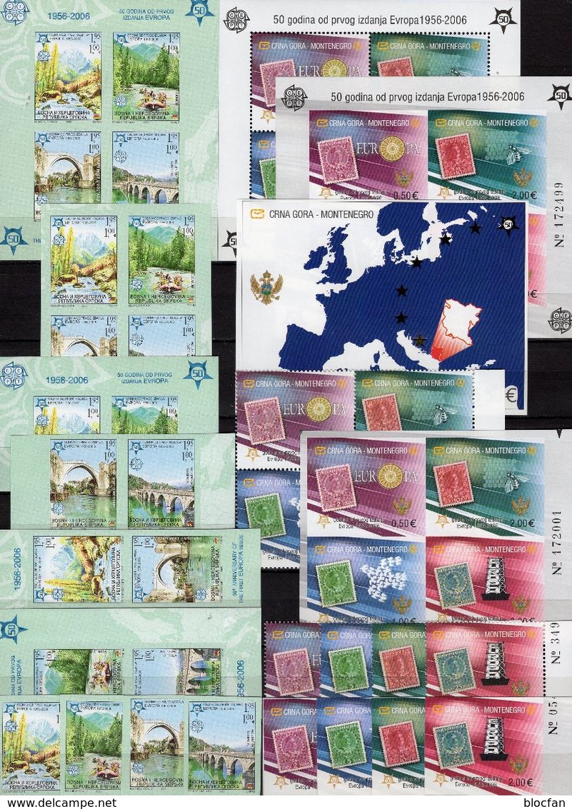 YU-BOSNIA 339/2,ZD,VB,Bl.13 B,CRNA GORA 108/1A/B,VB,Blocks 2A/B+3 ** 687€ EUROPA Blocs Sheets Bf 50 Years CEPT 2006 - Collections