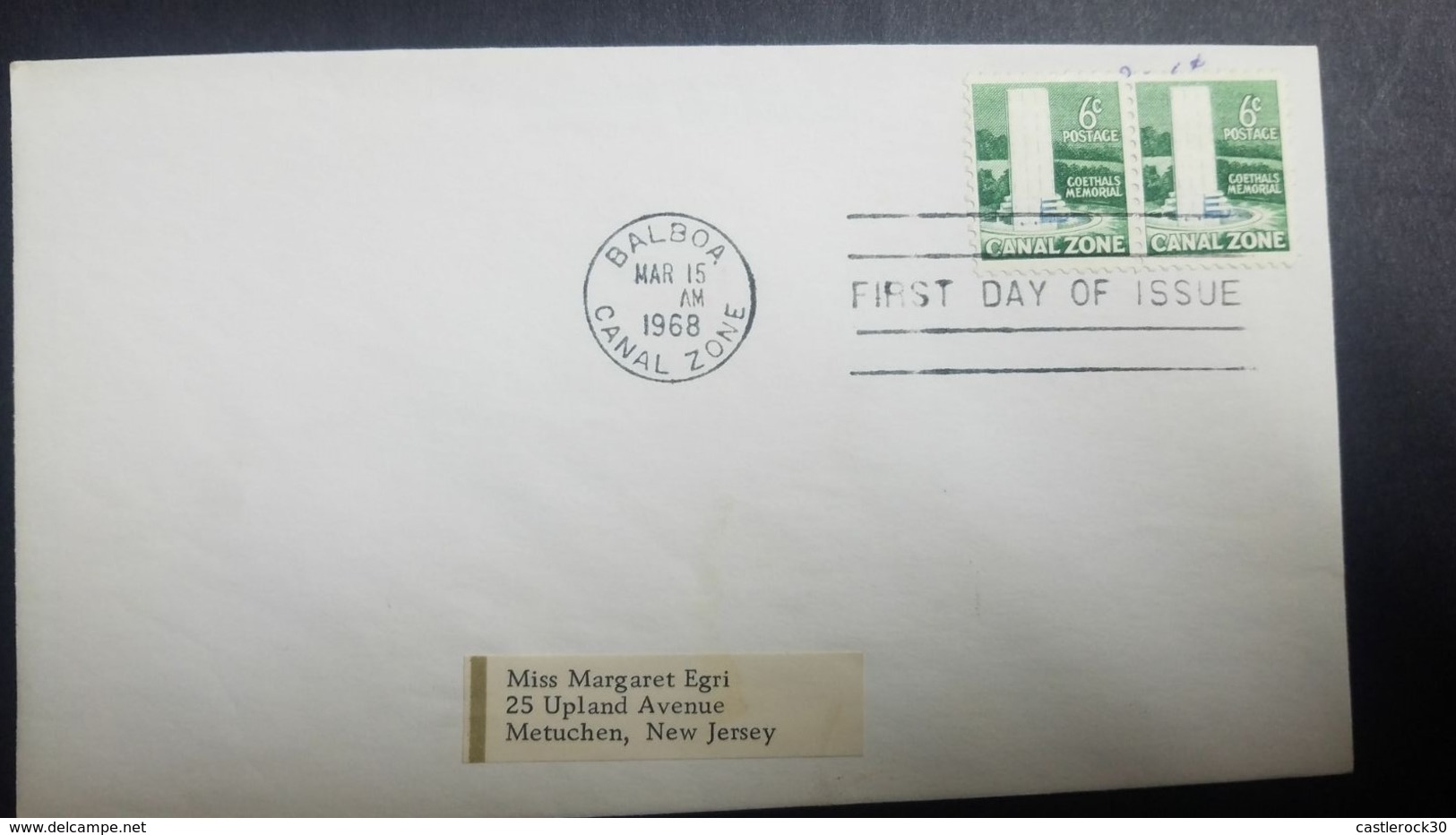 O) 1968 CANAL ZONE, GOETHALS MEMORIAL BALBOA IN HONOR OF GEORGE WASHINGTON-ENGINEER, FDC USED TO NEW YERSEY - Canal Zone