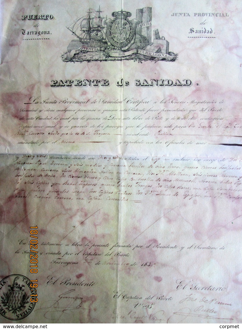 TARRAGONA - 1831 PATENTE DE SANIDAD Certificando Que El Puerto Esta Libre De Peste Para Fragata En Viaje A Brasil - Documentos Históricos