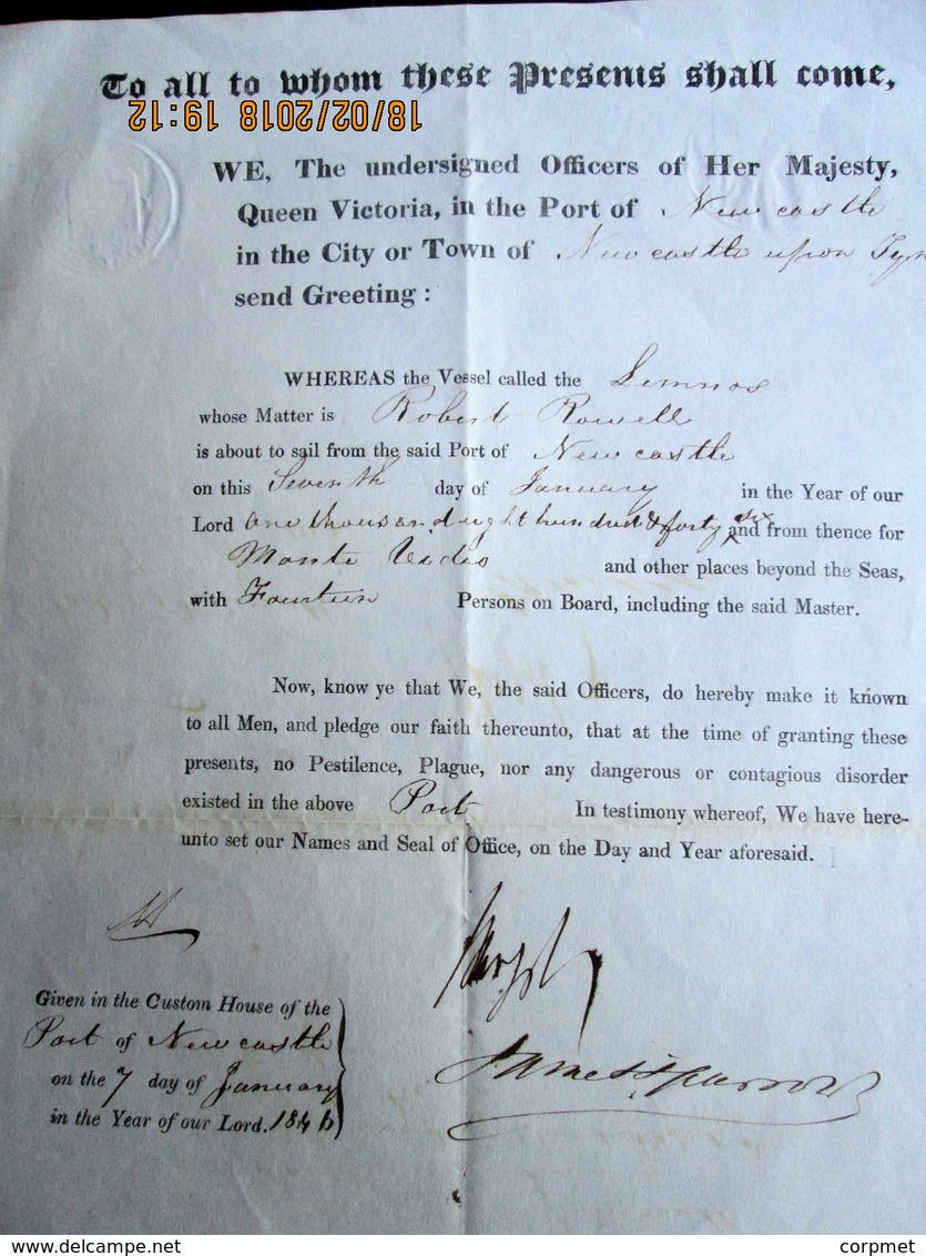 UK - 1846 NEWCASTLE Officers Of Her Majesty Queen Victoria Giving Certificate Of NO PESTILENCE, PLAGUE Nor Any CONTIGOUS - Documenti Storici