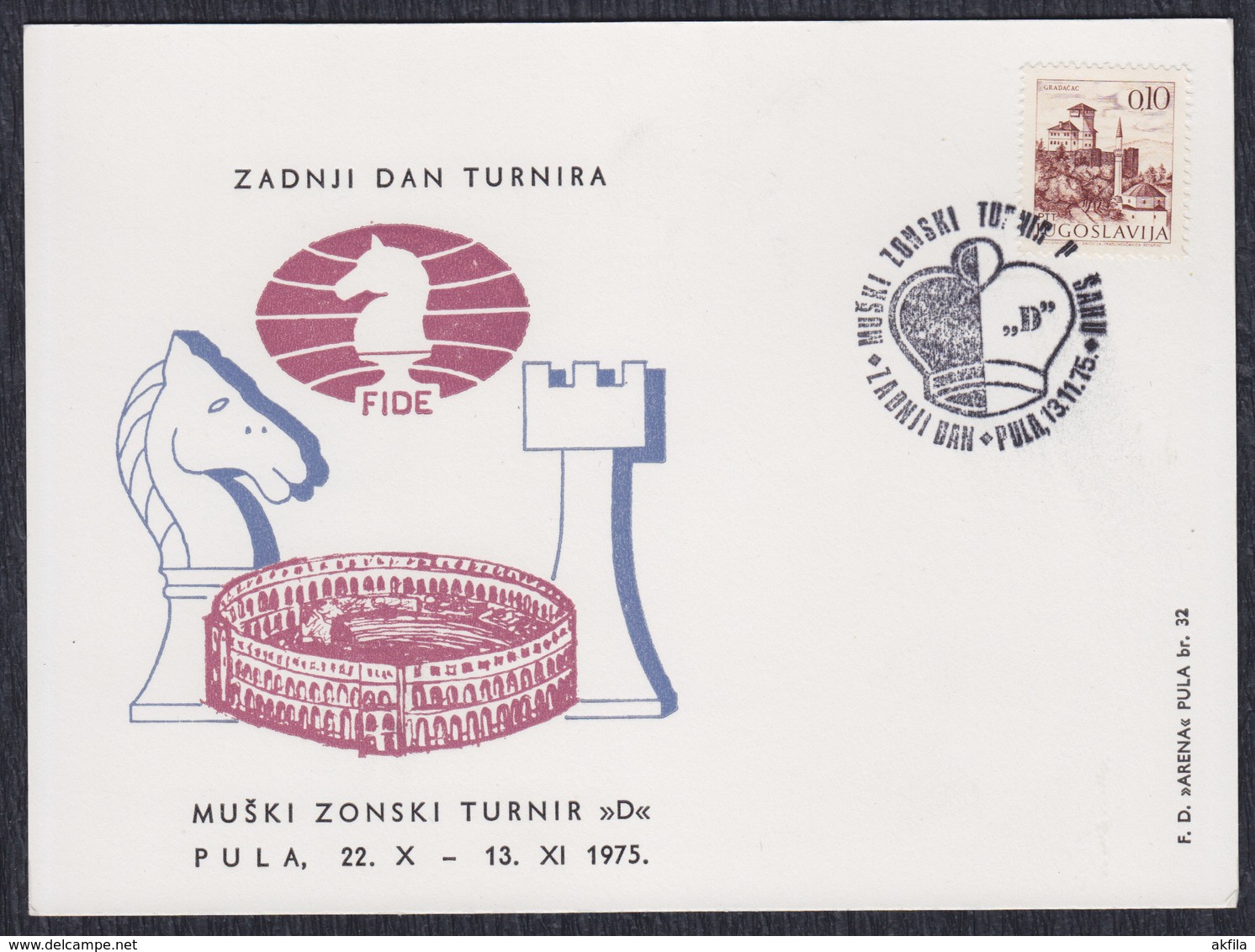 Yugoslavia 1975 Men Zonal "D" Chess Tournament In Pula, Commemorative Card - Echecs