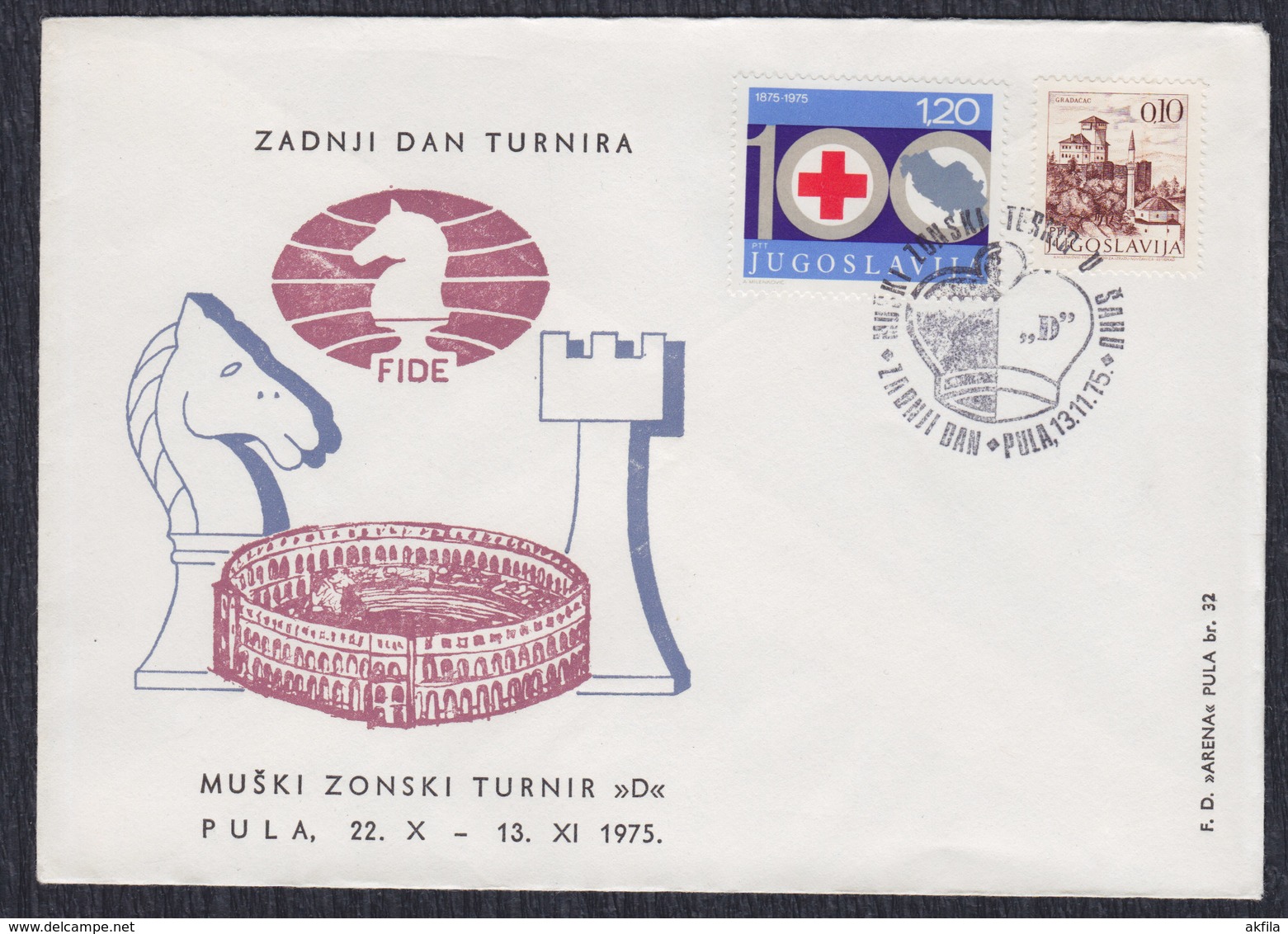 Yugoslavia 1975 Men Zonal "D" Chess Tournament In Pula, Commemorative Cover - Echecs