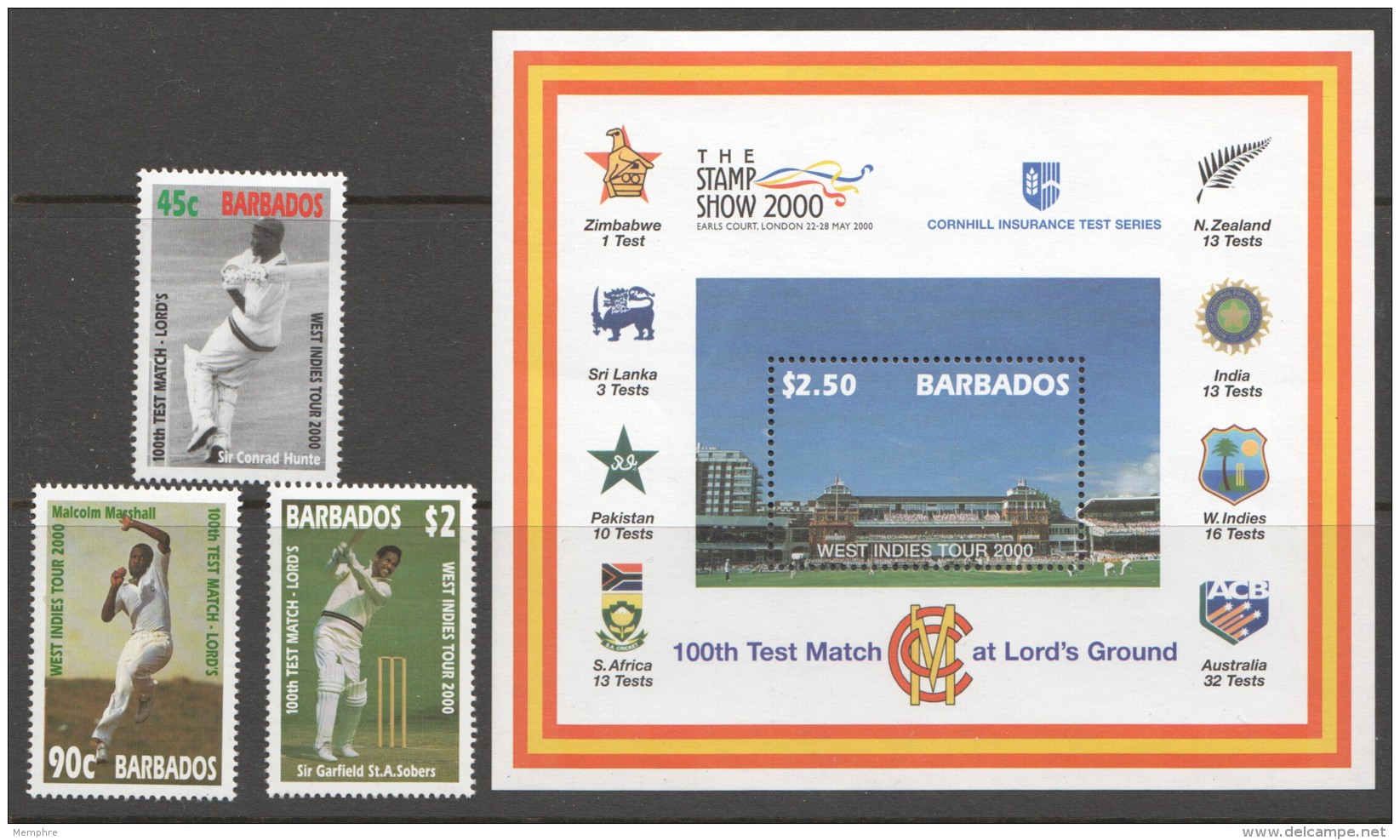 BARBADOS 2000  100 Test Cricket Match   Set Of 3 + Souvenir Sheet UM - MNH - Barbades (1966-...)
