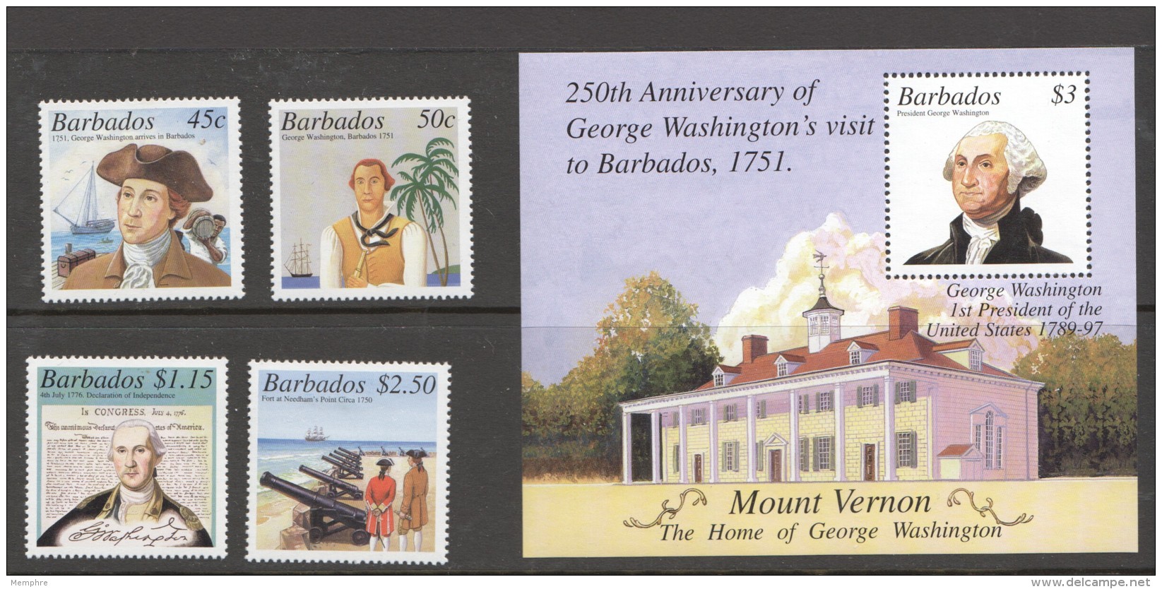 BARBADOS 2001    George Washington's Visit To Barbados 250th Ann. Set Of 4 + Souvenir Sheet   MM- MH - Barbados (1966-...)