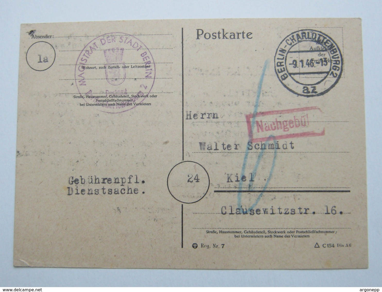 1946 , BERLIN - Charlottenbrg , Nachgebühr,Stempel Auf Karte Nach Kiel - Briefe U. Dokumente