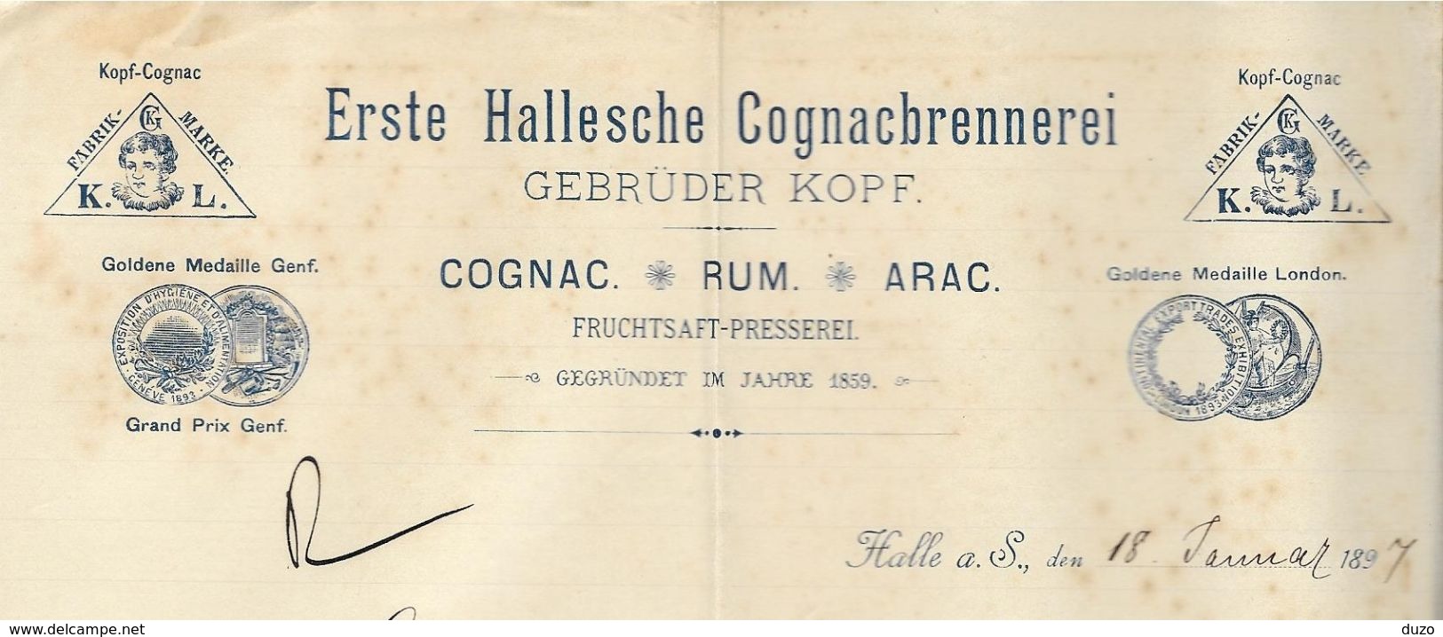 Allemagne - Halle S/Saale - Entête Du 18 Januar 1897 - Erste Hallesche Cognacbrennerei. Gebrüder Kopf - Cognac.Rum.Arac. - 1800 – 1899