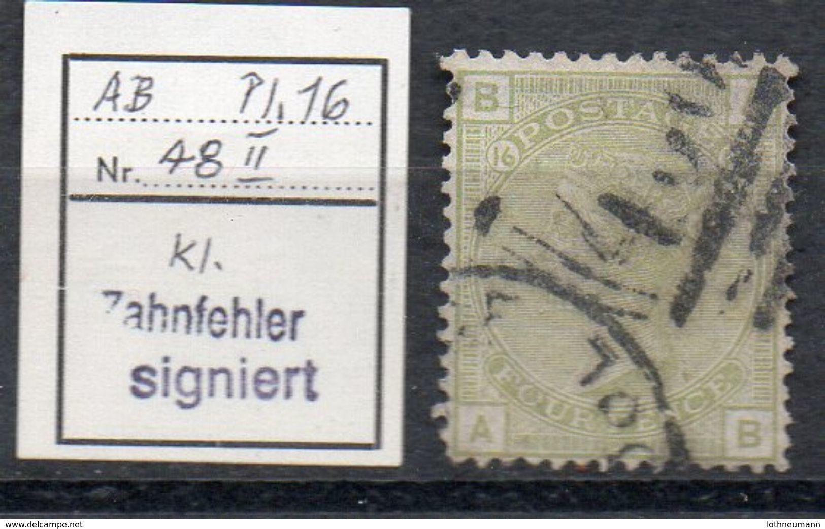 GB 1877: 4 D Sage-green Pl. 16, Used, Small Tooth Fault Signed H. Richter; S.G. Spec. J65,  Michel-Nr. 48 Platte 16 - Gebraucht