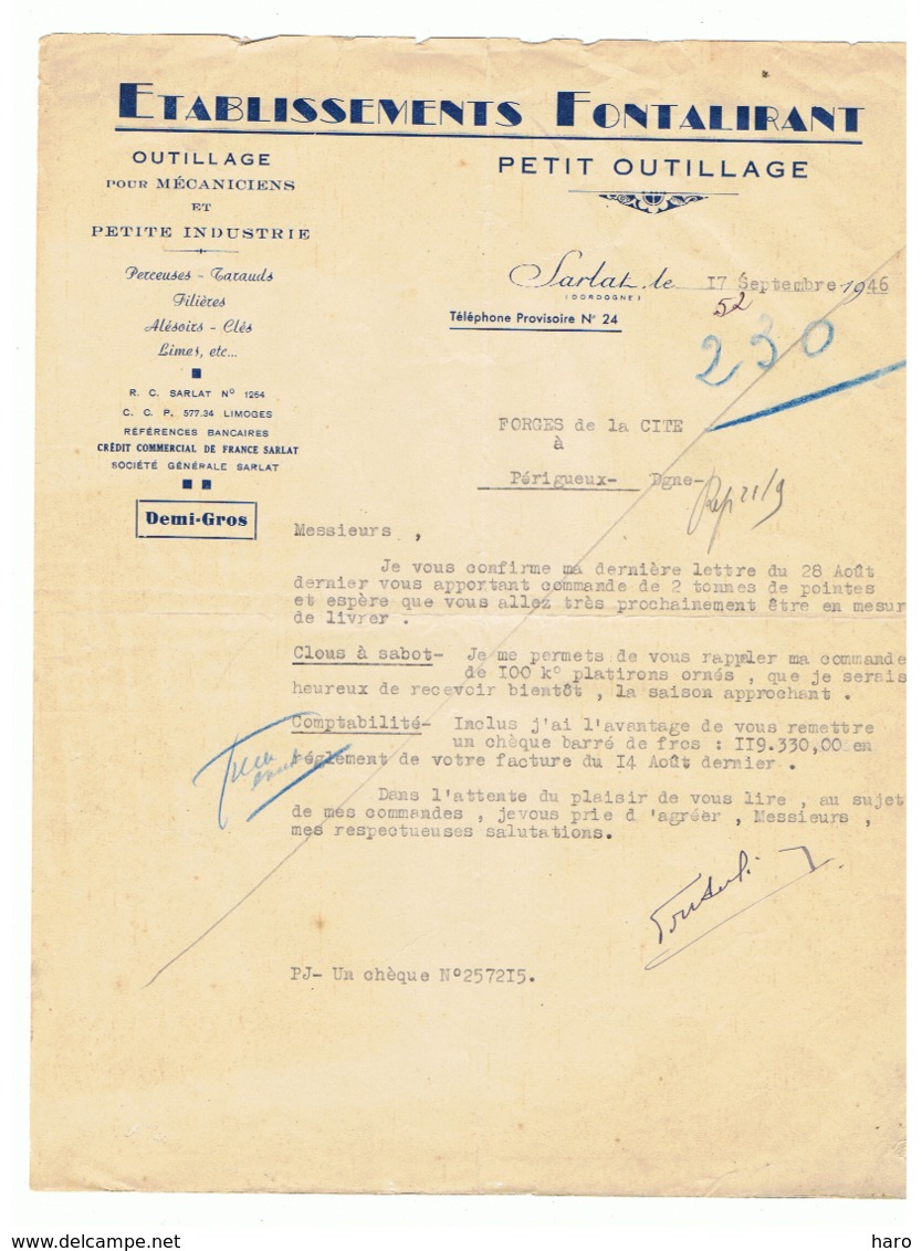 Lettre à Entête - Outillage Ets. FONTALIRANT  à SARLAT En 1946 (fr16) - 1900 – 1949