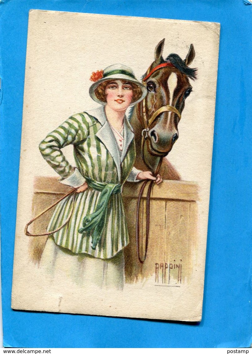 ITALIE-Illustrateur "PAPPINI" Une Cavalière Au Box Avec Son Cheval -a Voyagé 1917édition Ccm - Autres & Non Classés