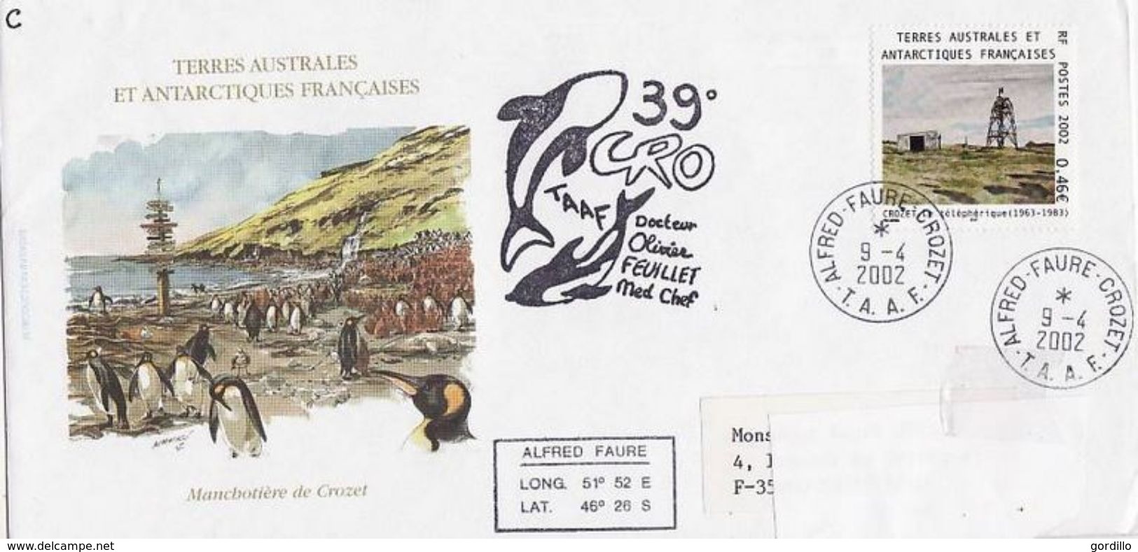 TAAF Pli Alfred Faure Crozet 2002 Manchotière. Orque. - Storia Postale