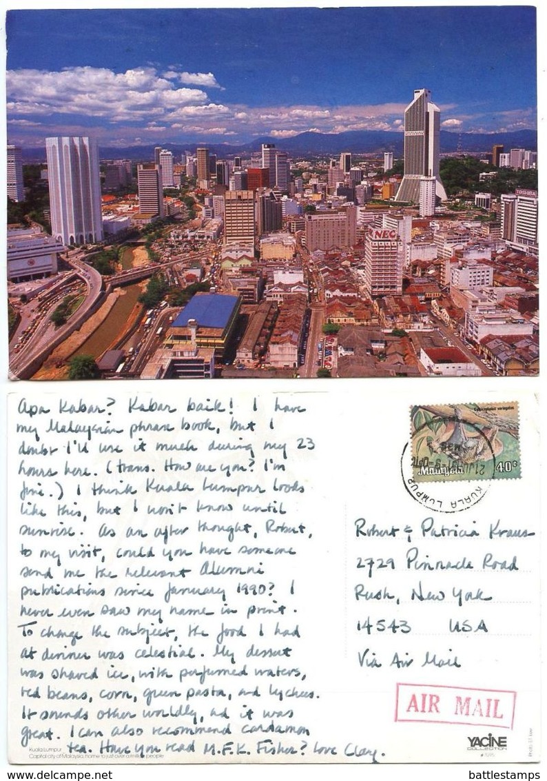 Malaysia 1991 Postcard Kuala Lumpur, To U.S., 40c. Cebego Stamp - Malaysia