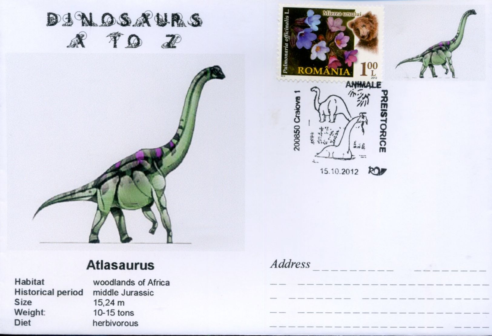 Romania, 2012, Animaux Prehistoriques, Dinosaurs A To Z, Atlasaurus - Vor- U. Frühgeschichte