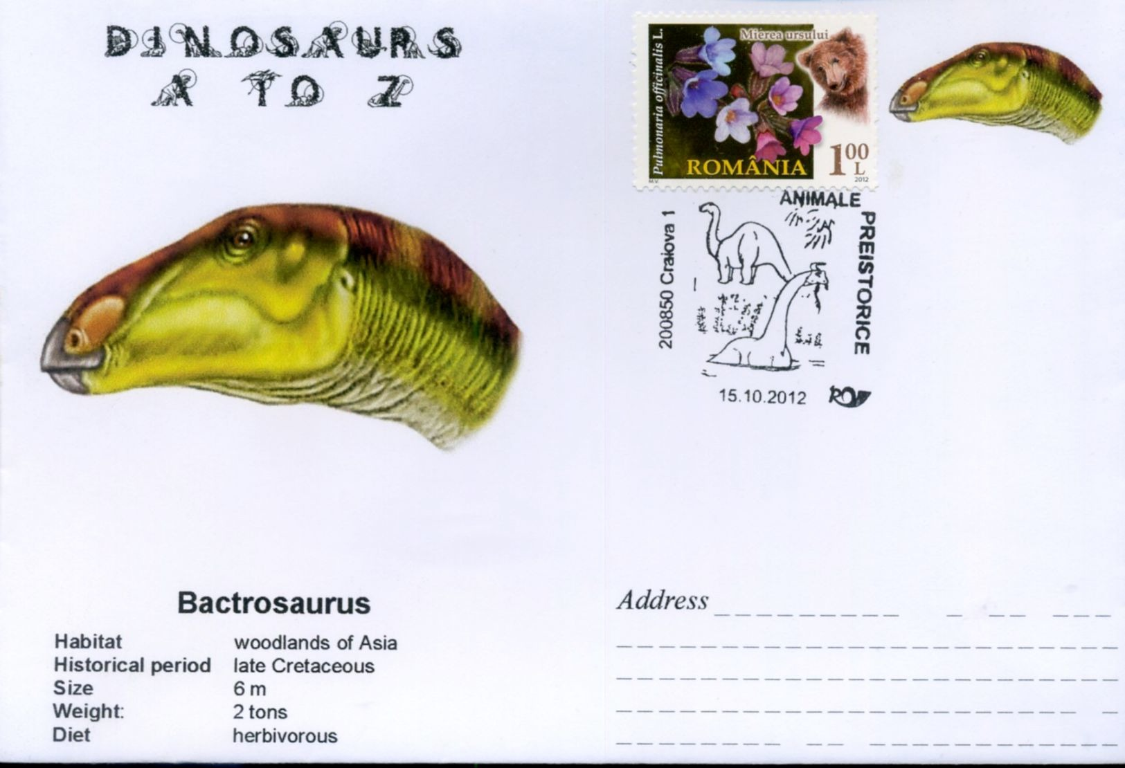 Romania, 2012, Animaux Prehistoriques, Dinosaurs A To Z, Bactrosaurus - Vor- U. Frühgeschichte