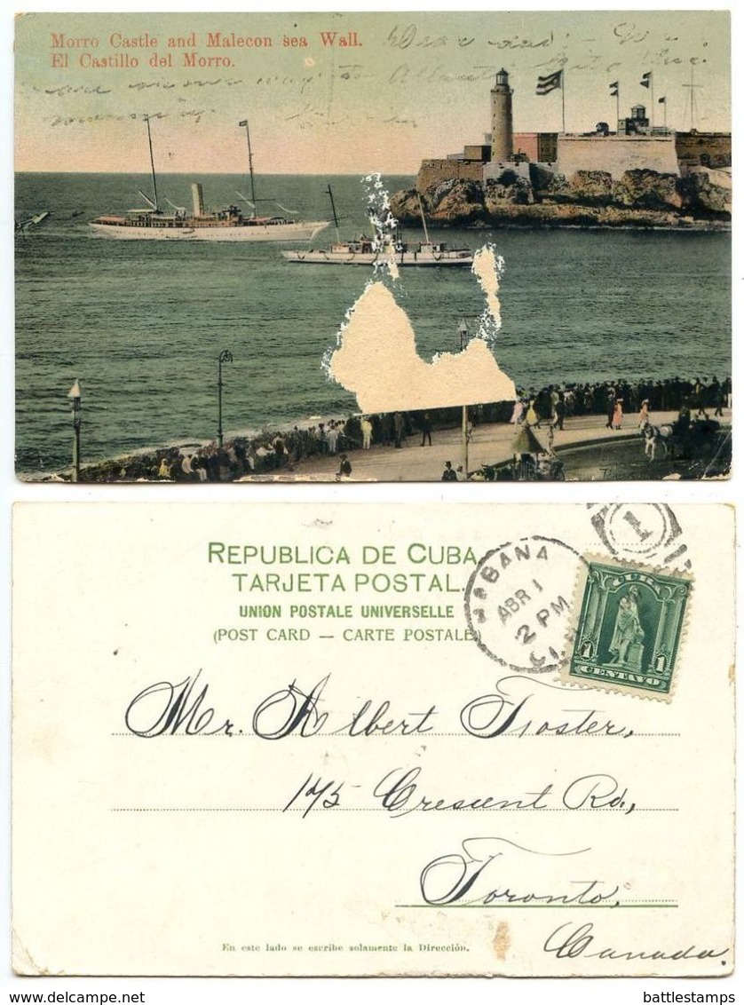 Cuba 1907 Postcard Morro Castle & Malecon Sea Wall, To Canada, Scott 233 - Cuba