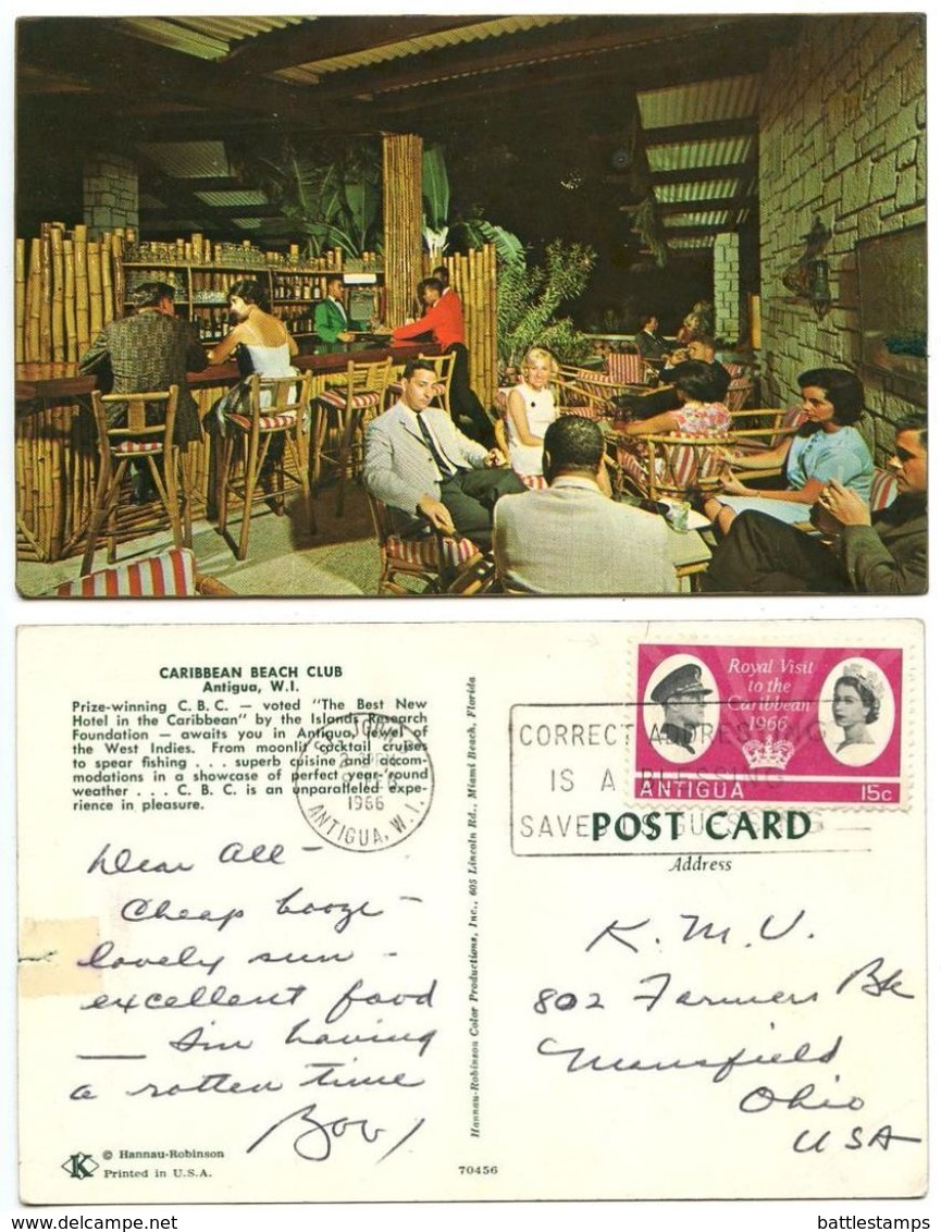 Antigua 1966 Postcard Caribbean Beach Club, St. John’s To U.S., Scott 162 Royal Visit - Antigua & Barbuda