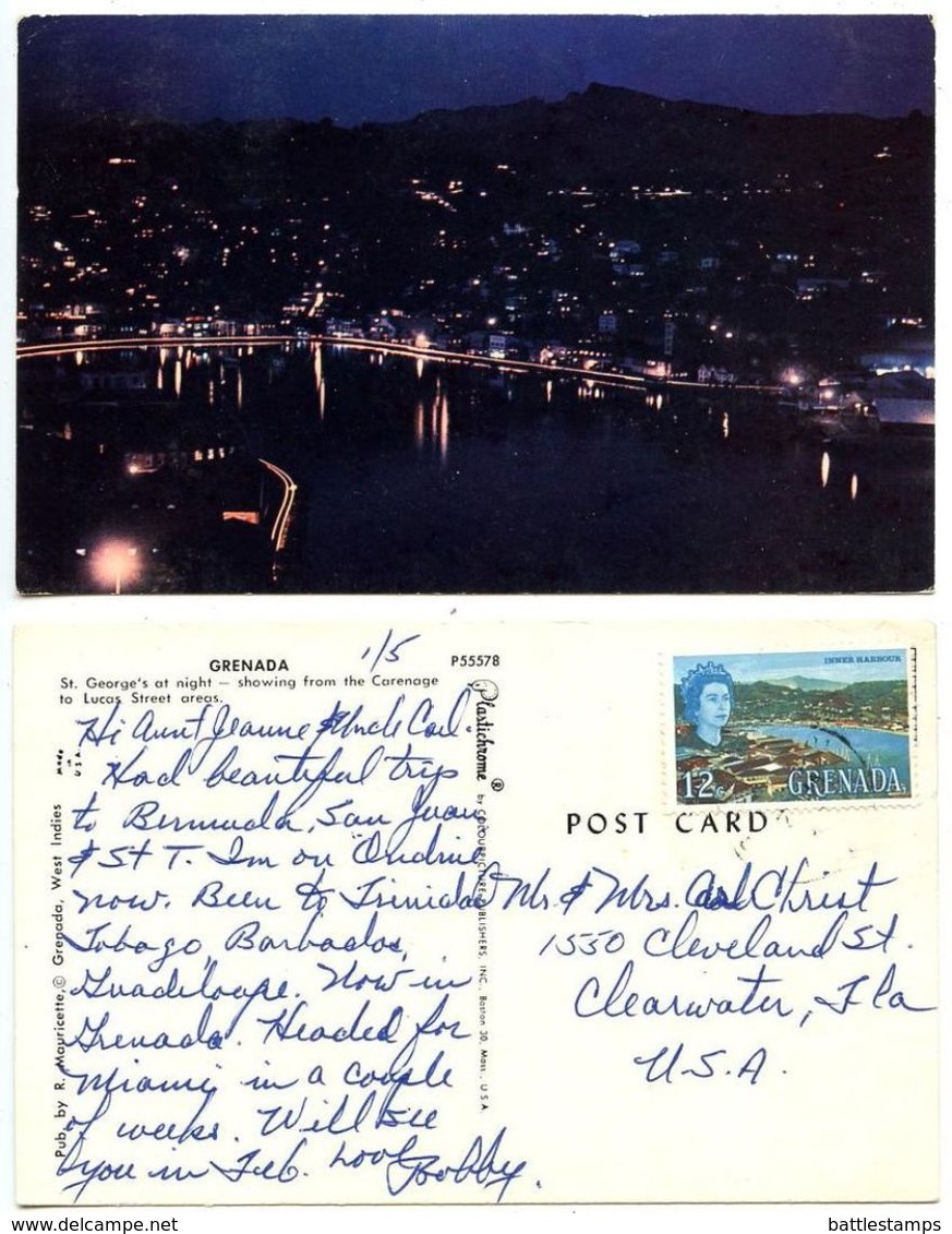 Grenada 1960‘s Postcard St. George’s - Night View, To U.S., Scott 222 - Grenada