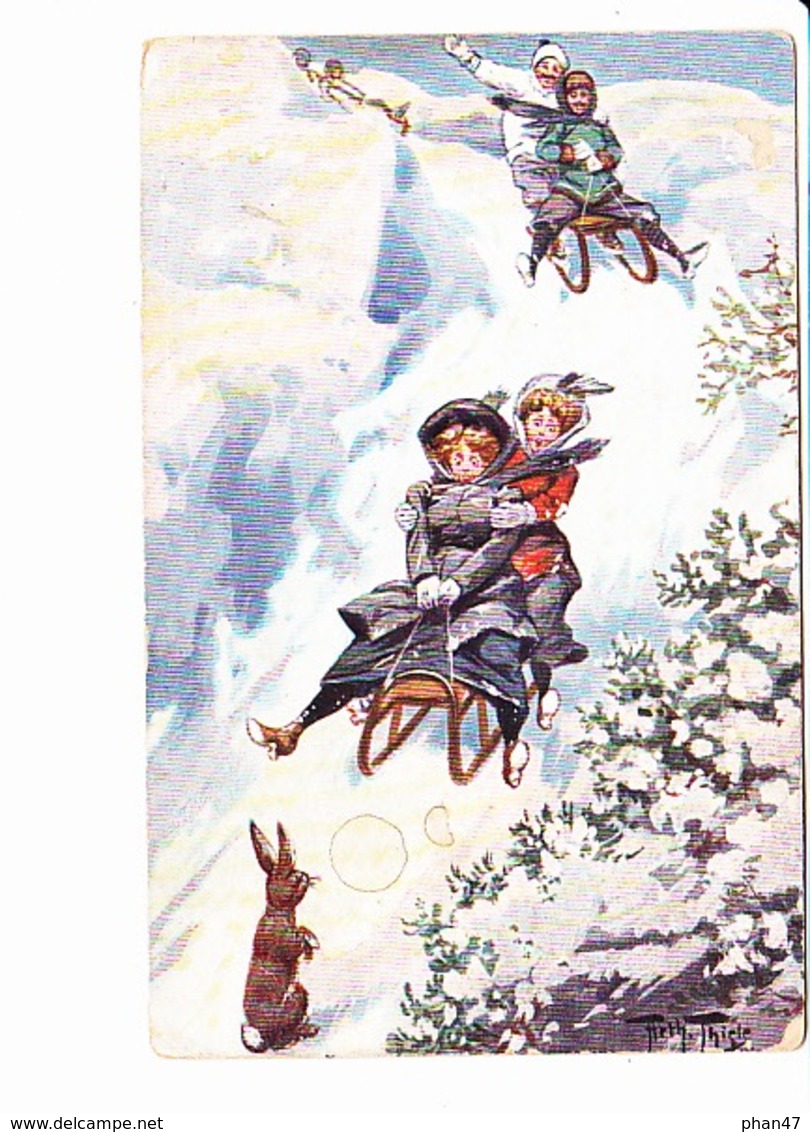 Femmes Affolées Sur Luge En Bois, Lapin Sur La Neige, Carte Signée ARTHUR THIELE Ed.TS.1911 - Humour