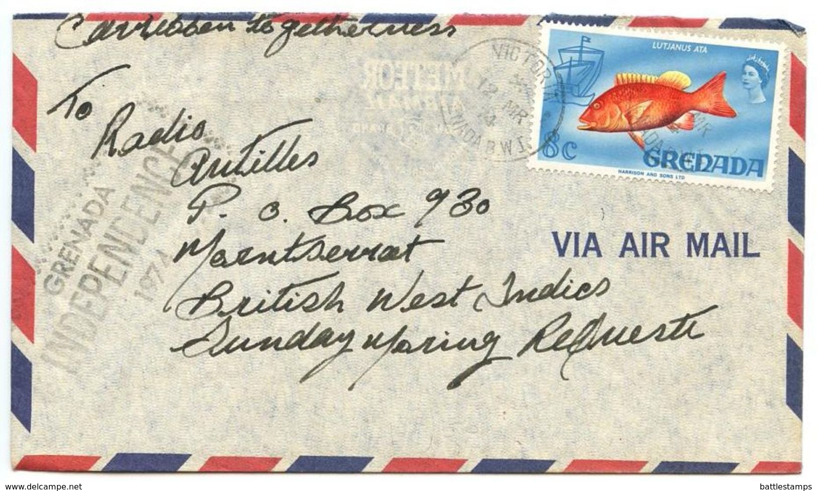 Grenada 1974 Airmail Cover Victoria To Montserrat - Radio Antilles, Scott 299 Fish - Grenada (...-1974)