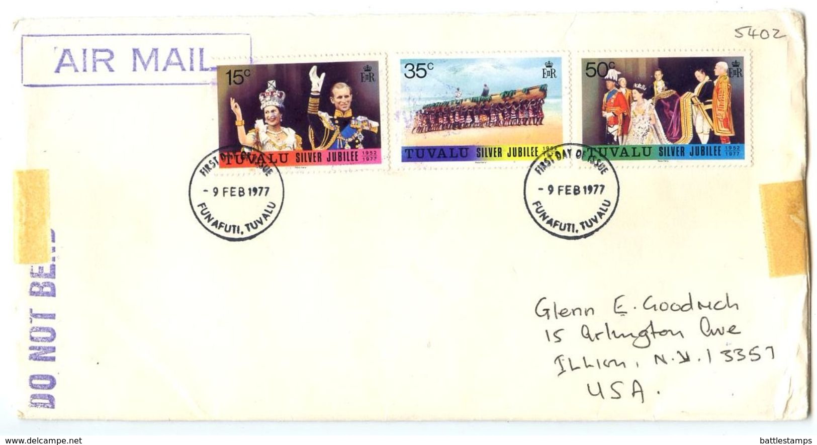 Tuvalu 1977 FDC Scott 43-45 Reign Of Queen Elizabeth II 25th Anniv, Funafuti To U.S. - Tuvalu