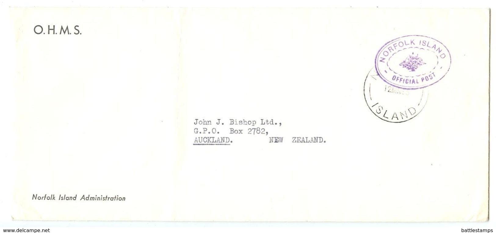 Norfolk Island 1965 Official Cover Administration To Auckland, New Zealand - Isla Norfolk