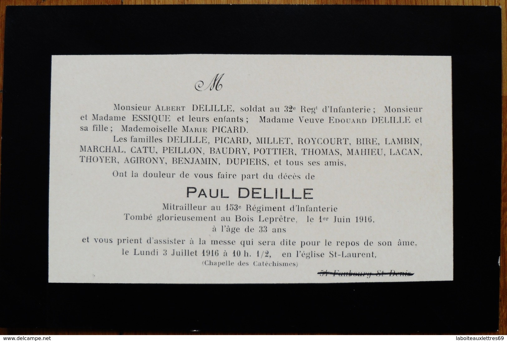 LOT 2 FAIRE-PARTS DE DEUIL 1894, 1916 + PLACARD FAIRE-PART DE DEUIL SAINJON 1871 - Obituary Notices