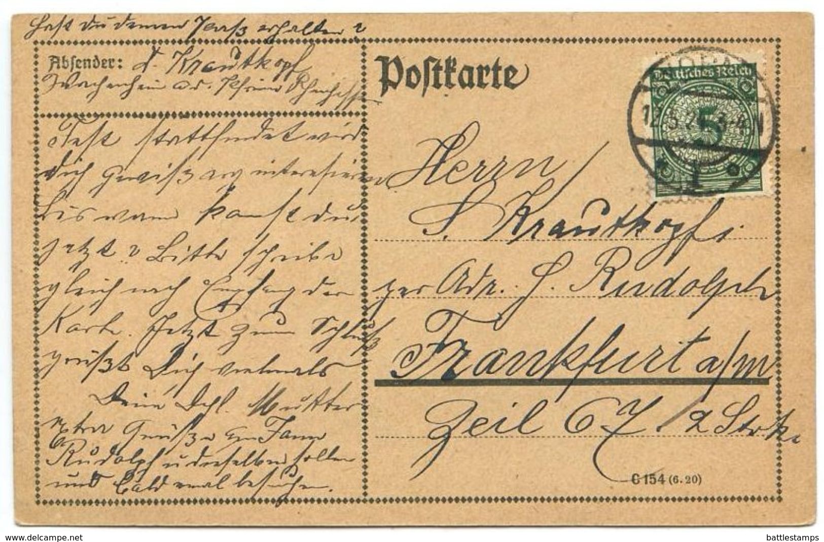 Germany 1924 Postcard Worms To  Frankfurt A/m, Scott 324 5pf. Numeral - Covers & Documents