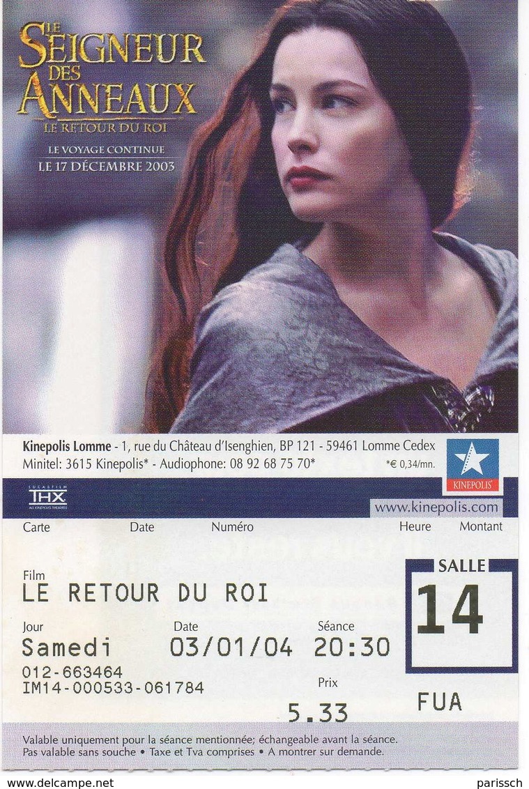 TICKET DE CINEMA KINEPOLIS - LE SEIGNEUR DES ANNEAUX - THE LORD OF THE RINGS - Tickets - Vouchers