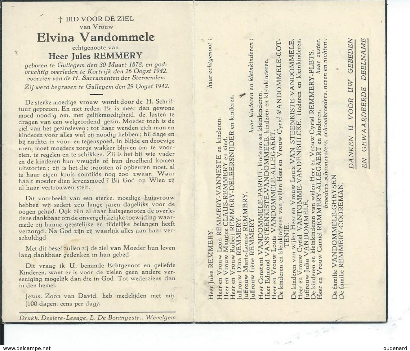 B.P. GULLEGEM   VANDOMMELE ELVINA 1878 - 1942 KORTRIJK - Religion & Esotericism