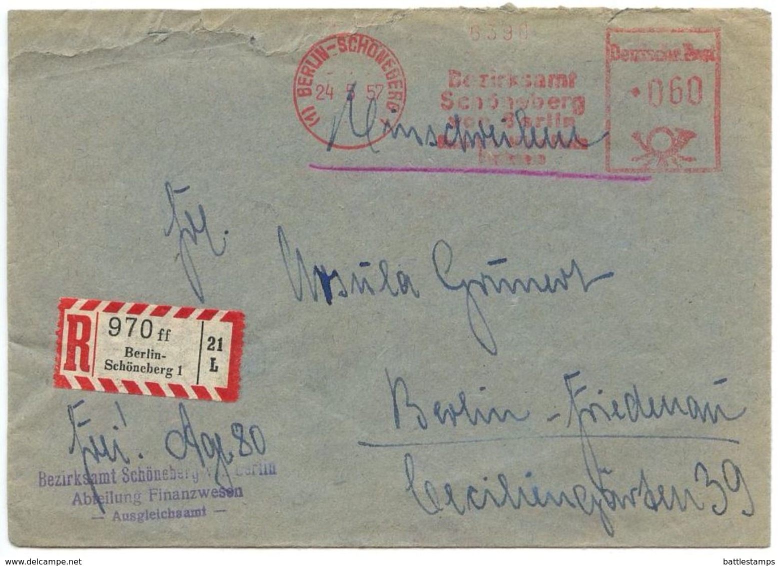 Germany, Berlin 1957 Registered Meter Cover Berlin-Schöneberg To Berlin-Friedenau - Covers & Documents