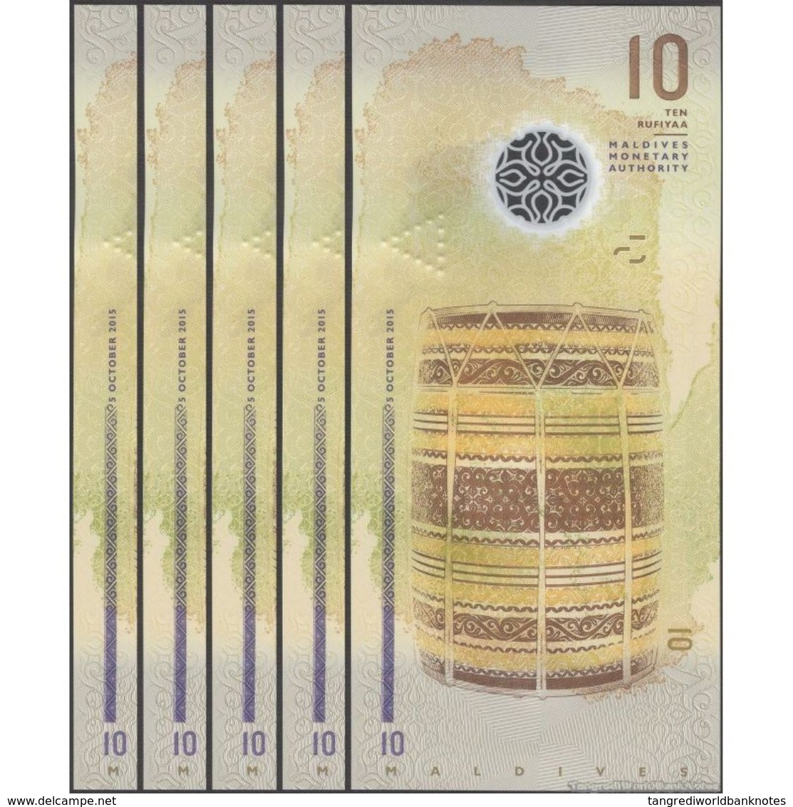 TWN - MALDIVE ISLANDS 26 - 10 Rufiyaa 2015 DEALERS LOT X 5 - Polymer - Prefix B UNC - Maldive