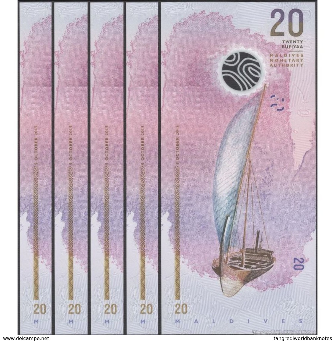 TWN - MALDIVE ISLANDS 27 - 20 Rufiyaa 2015 DEALERS LOT X 5 - Polymer - Prefix A UNC - Maldive