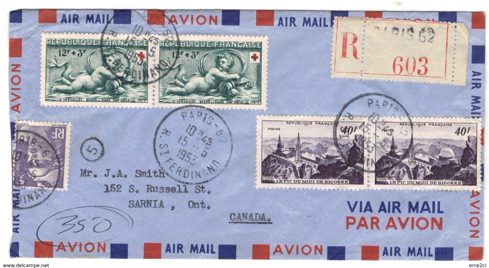 F691 - CROIX ROUGE 937 LETTRE RECO AVION 15-5-53 X CANADA TARIF SPE 18 FR + 46 AVION + RECO 45 BELLE - Lettres & Documents