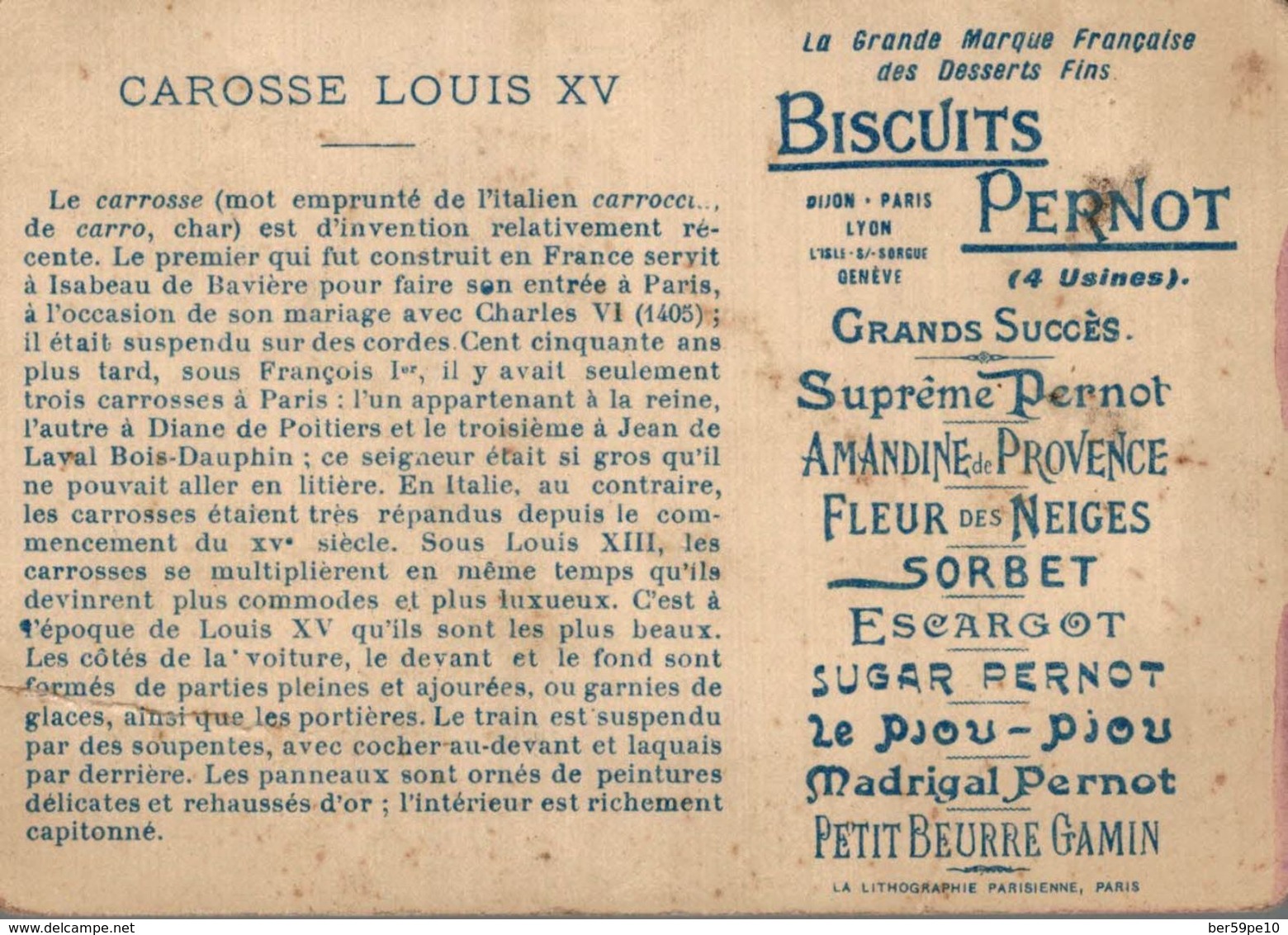 CHROMO BISCUITS PERNOT CAROSSE LOUIS XV - Pernot
