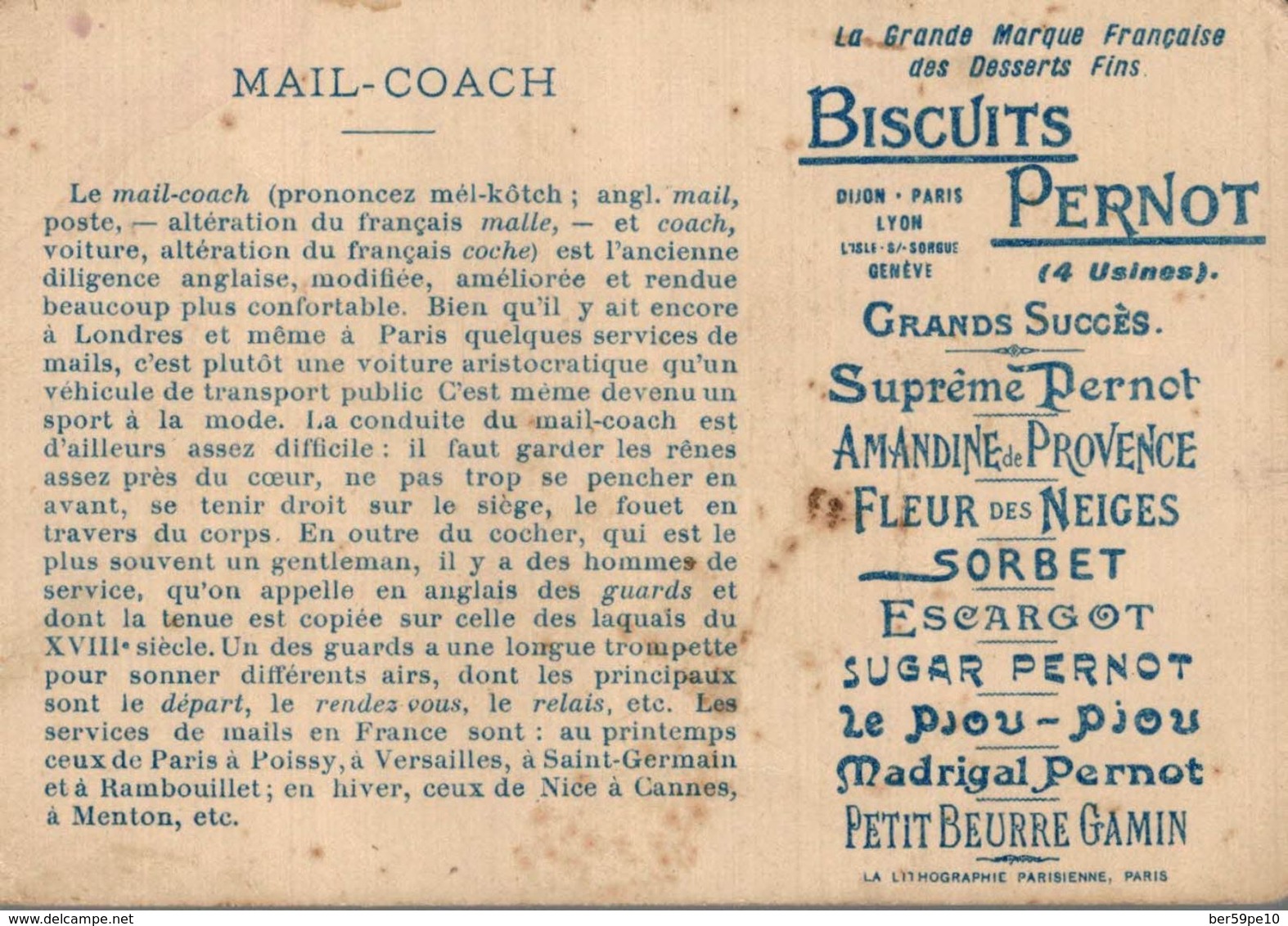 CHROMO BISCUITS PERNOT MAIL-COACH - Pernot