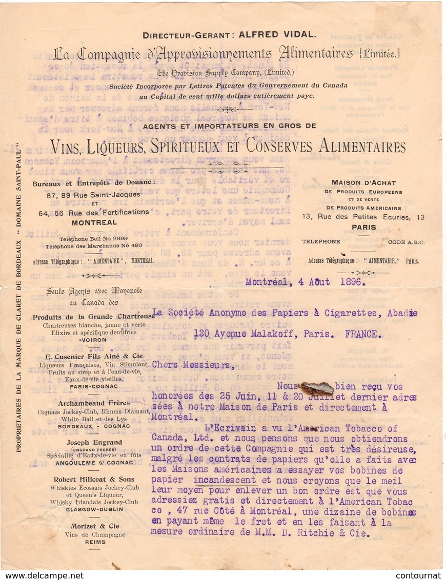 MONTREAL Canada COURRIER 1896 Compagnie D' Approvisionnements Alimentaires   * Z74 - Canada