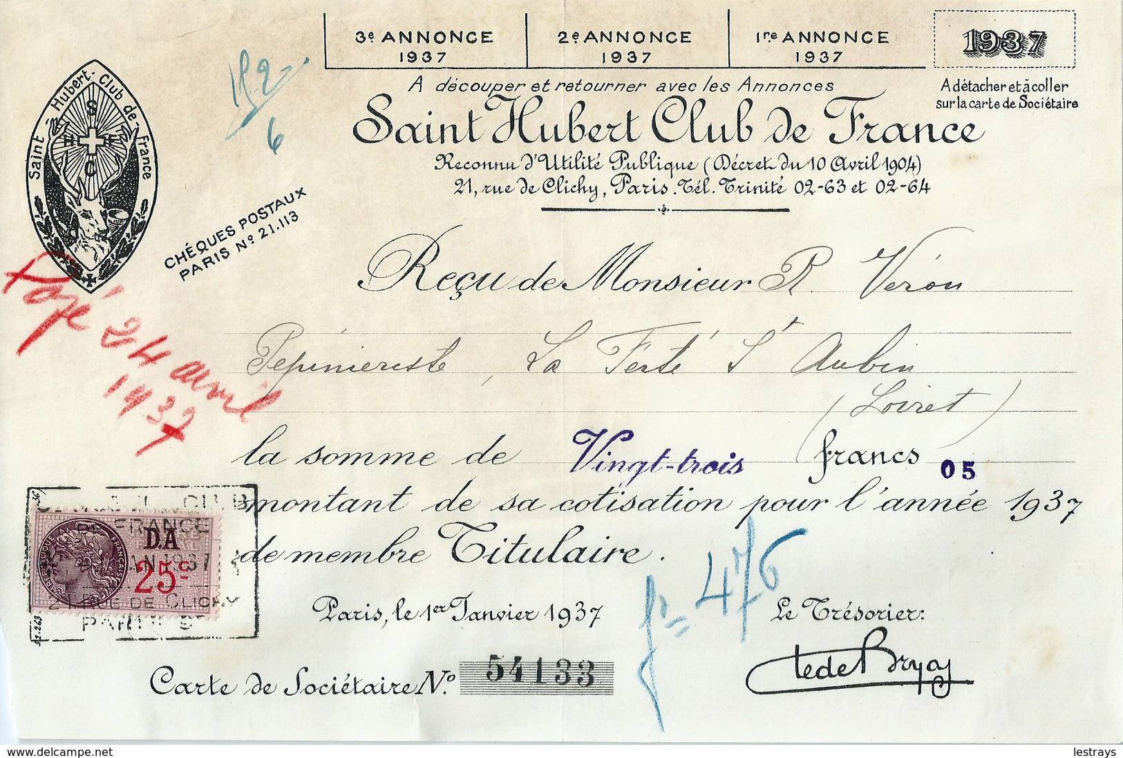 SAINT HUBERT CLUB DE FRANCE , Paris Le 1er Janvier 1937 Cotisation De Mr Véron Membre Titulaire , Carte De Sociétaire - Sports & Tourisme