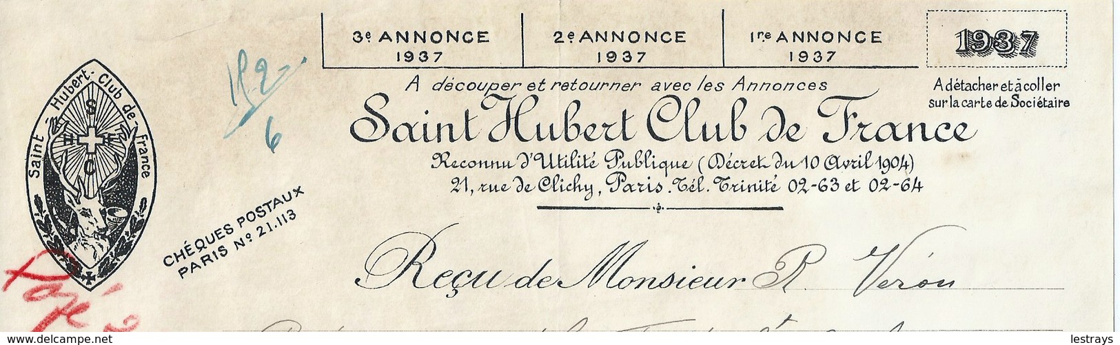 SAINT HUBERT CLUB DE FRANCE , Paris Le 1er Janvier 1937 Cotisation De Mr Véron Membre Titulaire , Carte De Sociétaire - Sport & Turismo