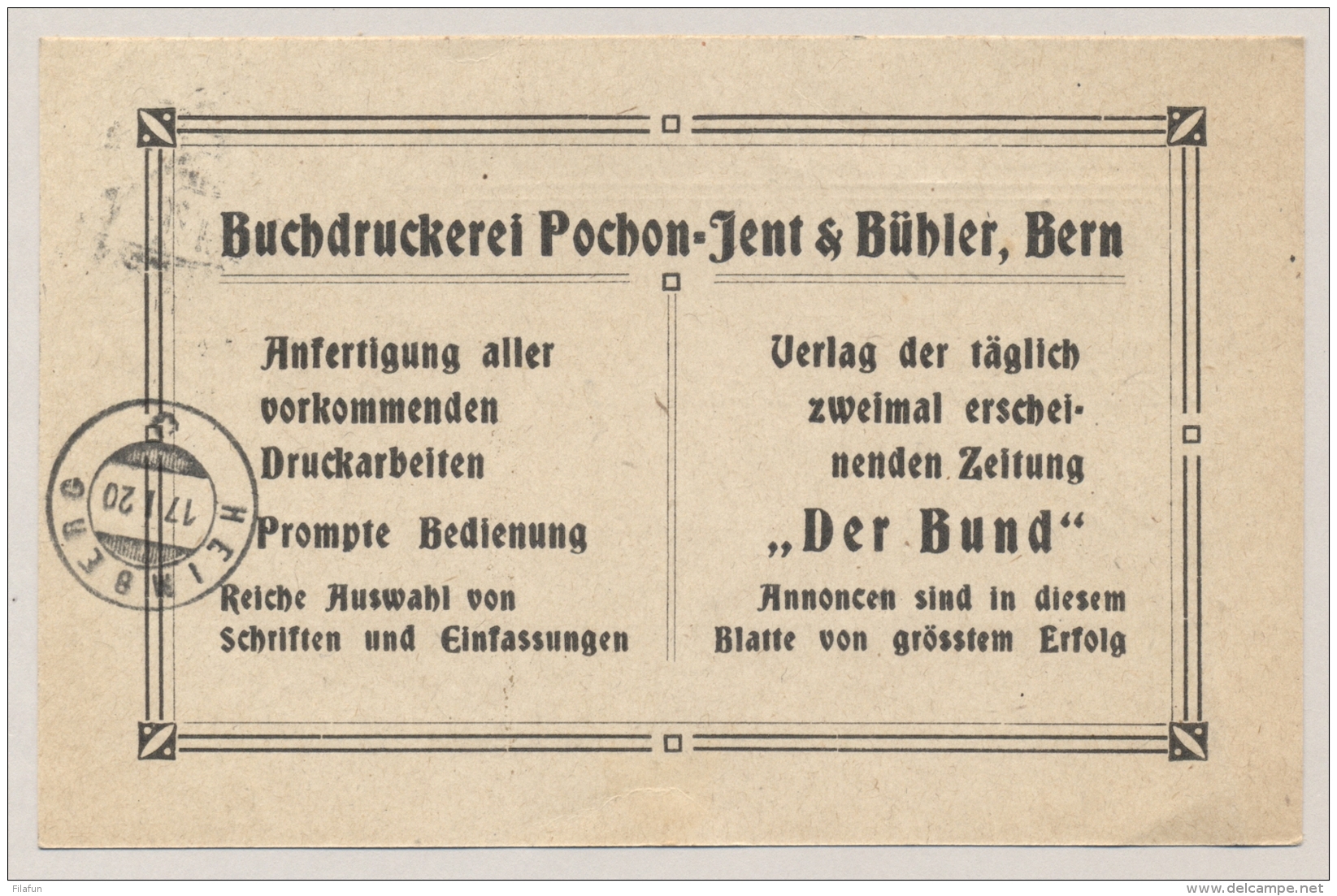 Schweiz - 1920 - 13c Tell On Abo-card From Bern To Heimberg - Brieven En Documenten