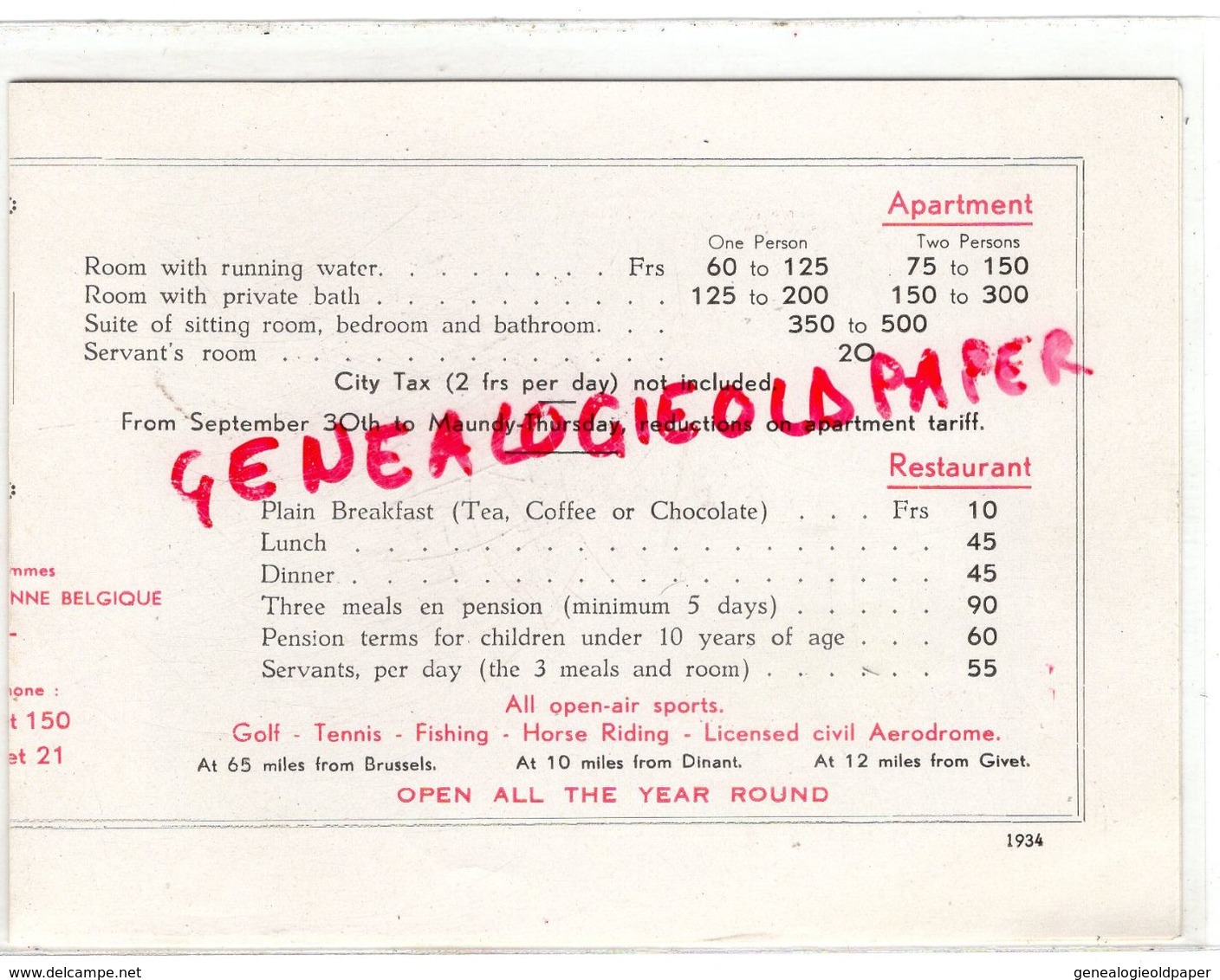 BELGIQUE- PUBLICITE TARIFS LE CHATEAU D' ARDENNE- HOTEL RESTAURANT 1934 - Artesanos