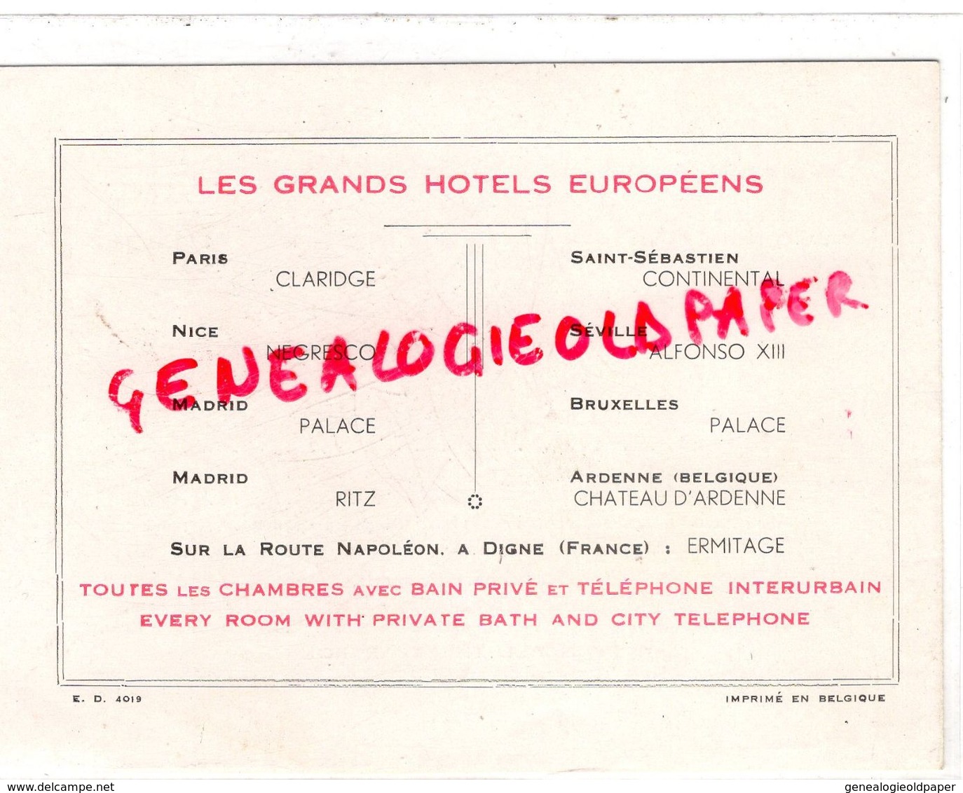BELGIQUE- PUBLICITE TARIFS LE CHATEAU D' ARDENNE- HOTEL RESTAURANT 1934 - Artesanos