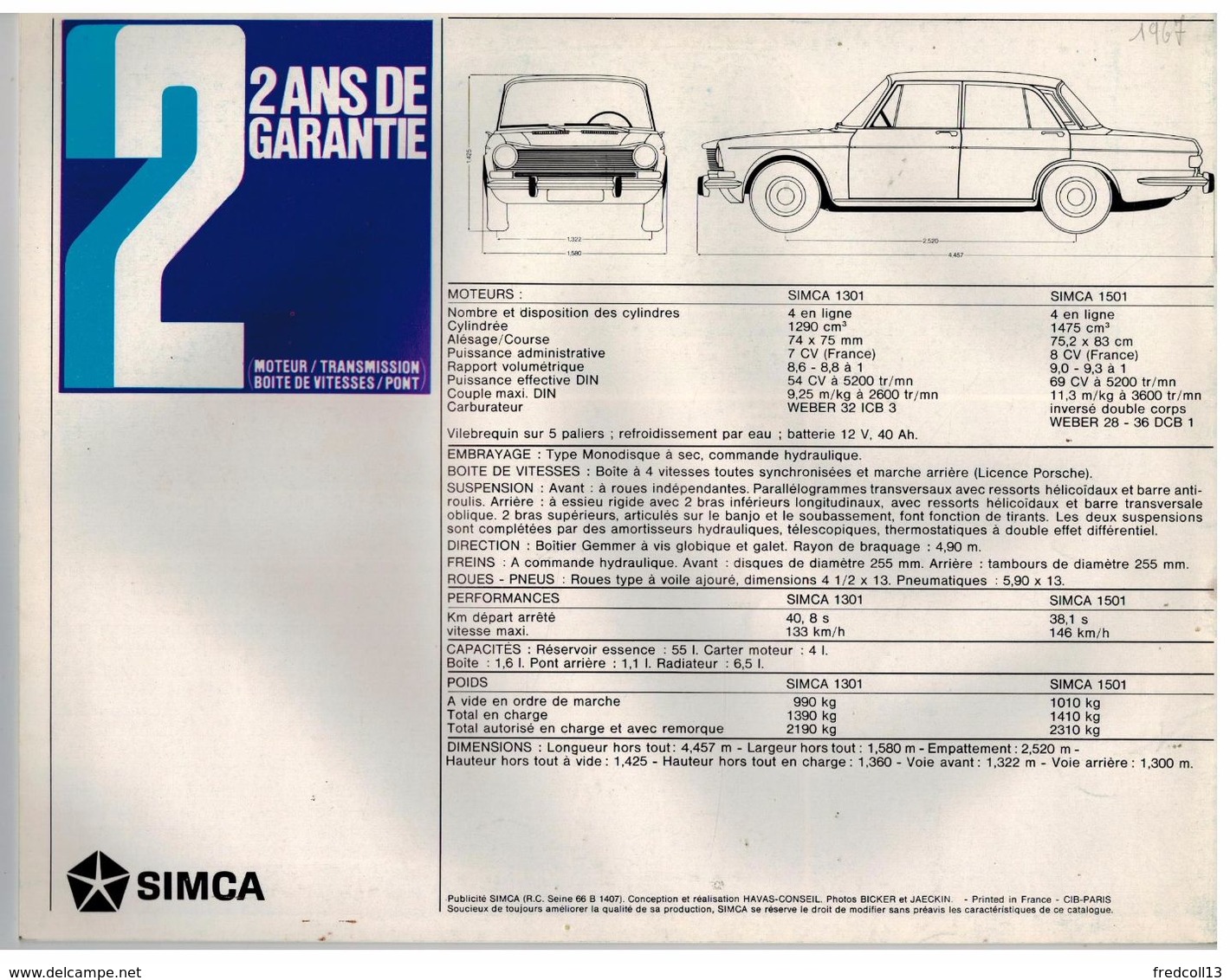 SIMCA 1301/1501 CATALOGUE 14 PAGES 1967 Format 27 X 21 FRANCE - Advertising