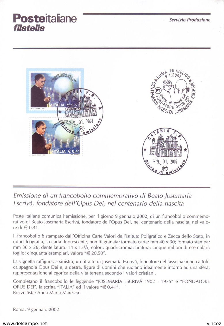 Italia 2002 - Josemaria Escrivà, OPUS DEI. Bollettino 02 Con Francobollo E Annullo FDC - 2001-10: Afgestempeld