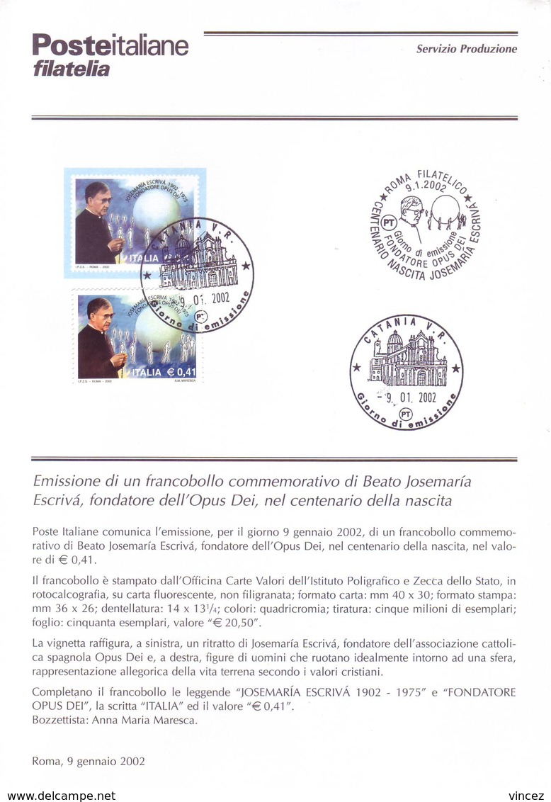 Italia 2002 - Josemaria Escrivà, OPUS DEI. Bollettino 02 Con Francobollo E Annullo FDC - 2001-10: Usati