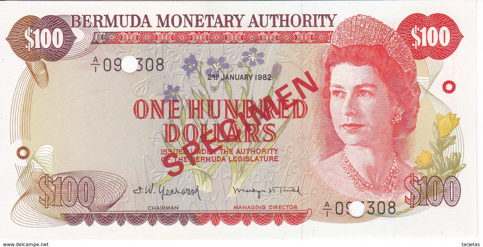 SPECIMEN BILLETE DE BERMUDA DE 100 DOLLARS DEL AÑO 1982 SIN CIRCULAR-UNCIRCULATED  (BANKNOTE) ESPECIMEN - Bermuda