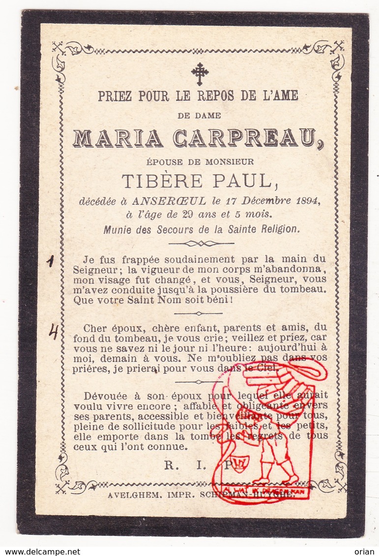 DP Maria Carpreau 29j. ° 1865 † Anserœul Anseroeul Mont-de-l'Enclus Kluisberg 1894 X Paul Tibère - Devotion Images