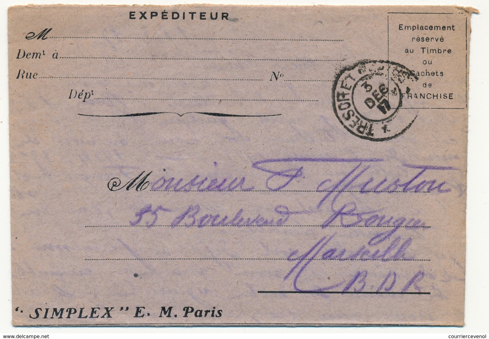 Carte Lettre De Franchise Militaire - Edition Privée "Simplex" E.M. Paris - 1917 - Lettres & Documents